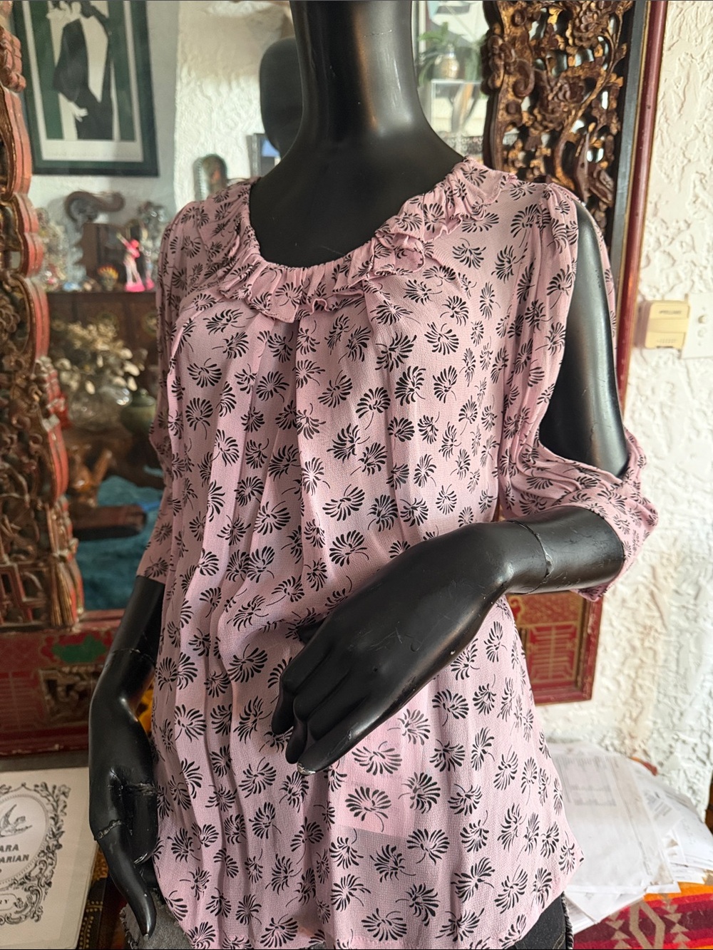 Pink Floral Print Ruffled Neck Blouses